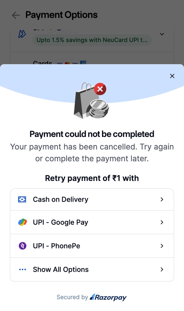 Retry screen after a failed payment, with Cash on Delivery listed above the other retry options