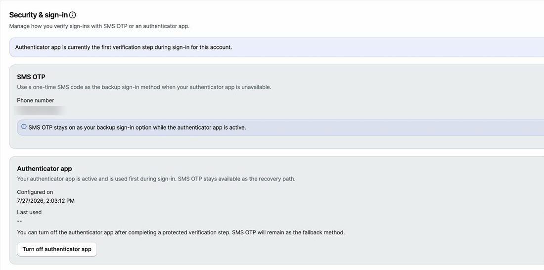 Security and sign-in page showing the authenticator app as the first verification step and SMS OTP as the backup