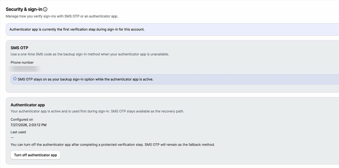 Security and sign-in page showing the authenticator app as the first verification step and SMS OTP as the backup