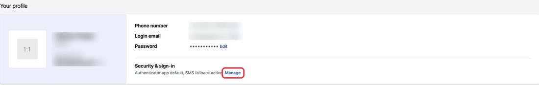 Your profile section with the Manage link next to Security and sign-in highlighted