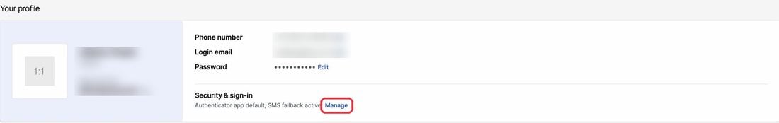 Your profile section with the Manage link next to Security and sign-in highlighted