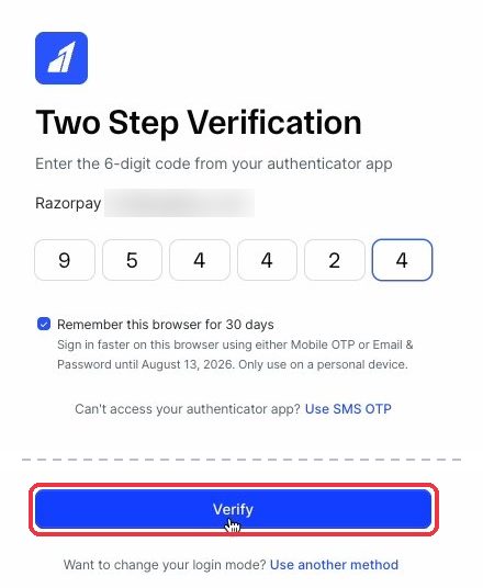 Two Step Verification screen asking for the authenticator app code with the Verify button highlighted
