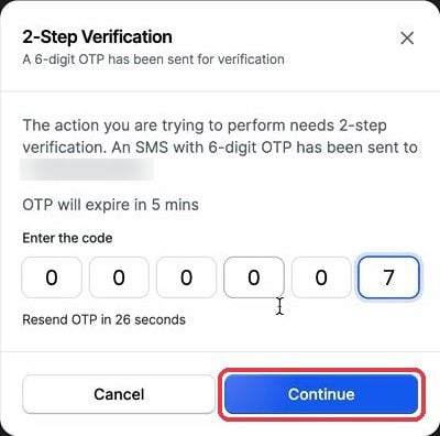 2-Step Verification window with the SMS OTP entered and the Continue button highlighted