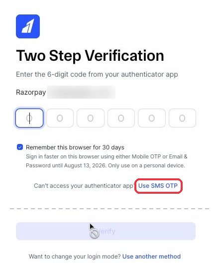 Two Step Verification screen with the Use SMS OTP link highlighted