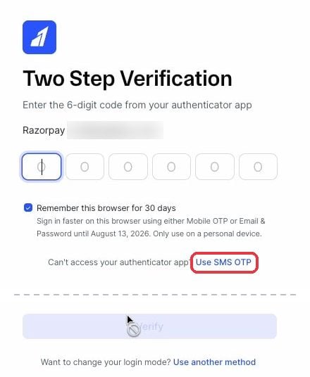 Two Step Verification screen with the Use SMS OTP link highlighted
