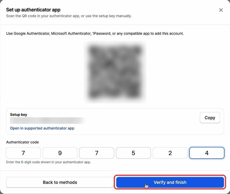 Set up authenticator app dialog with a 6-digit code entered and the Verify and finish button highlighted