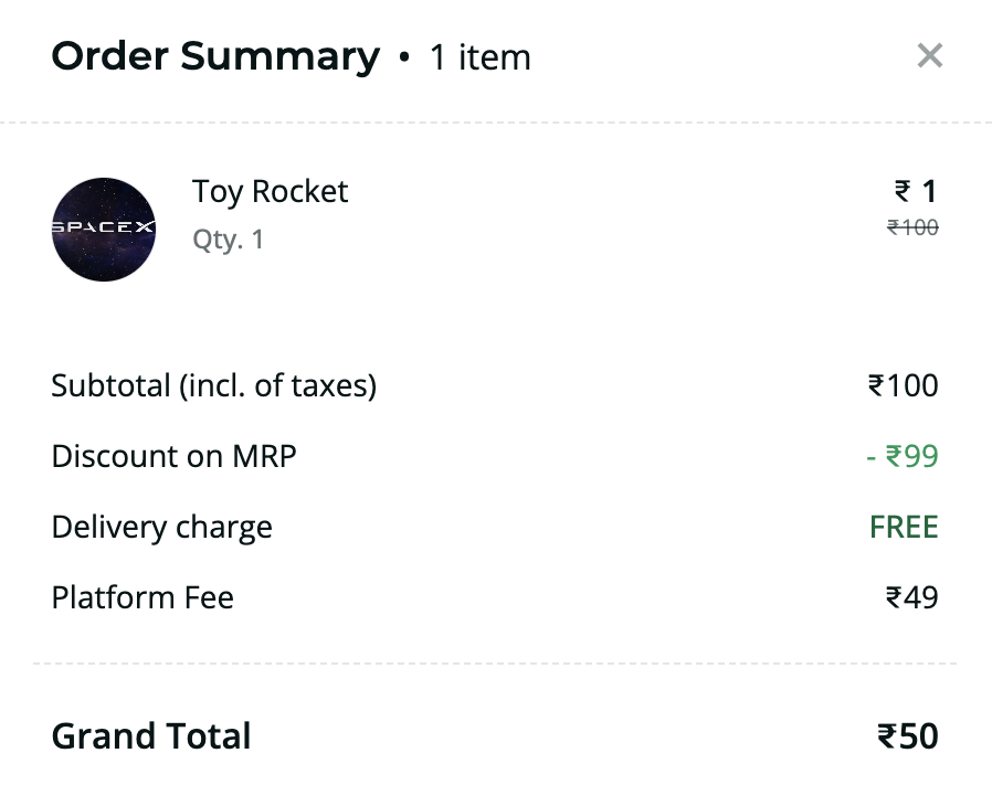 magic checkout order summary showing a platform fee line item above the grand total
