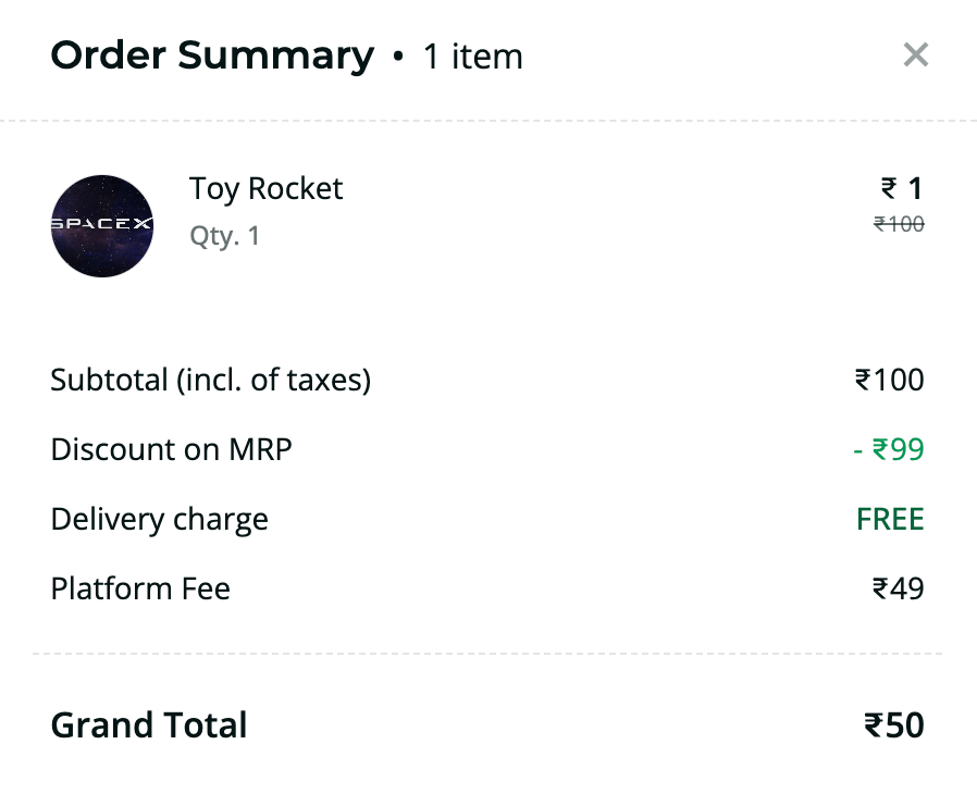 magic checkout order summary showing a platform fee line item above the grand total