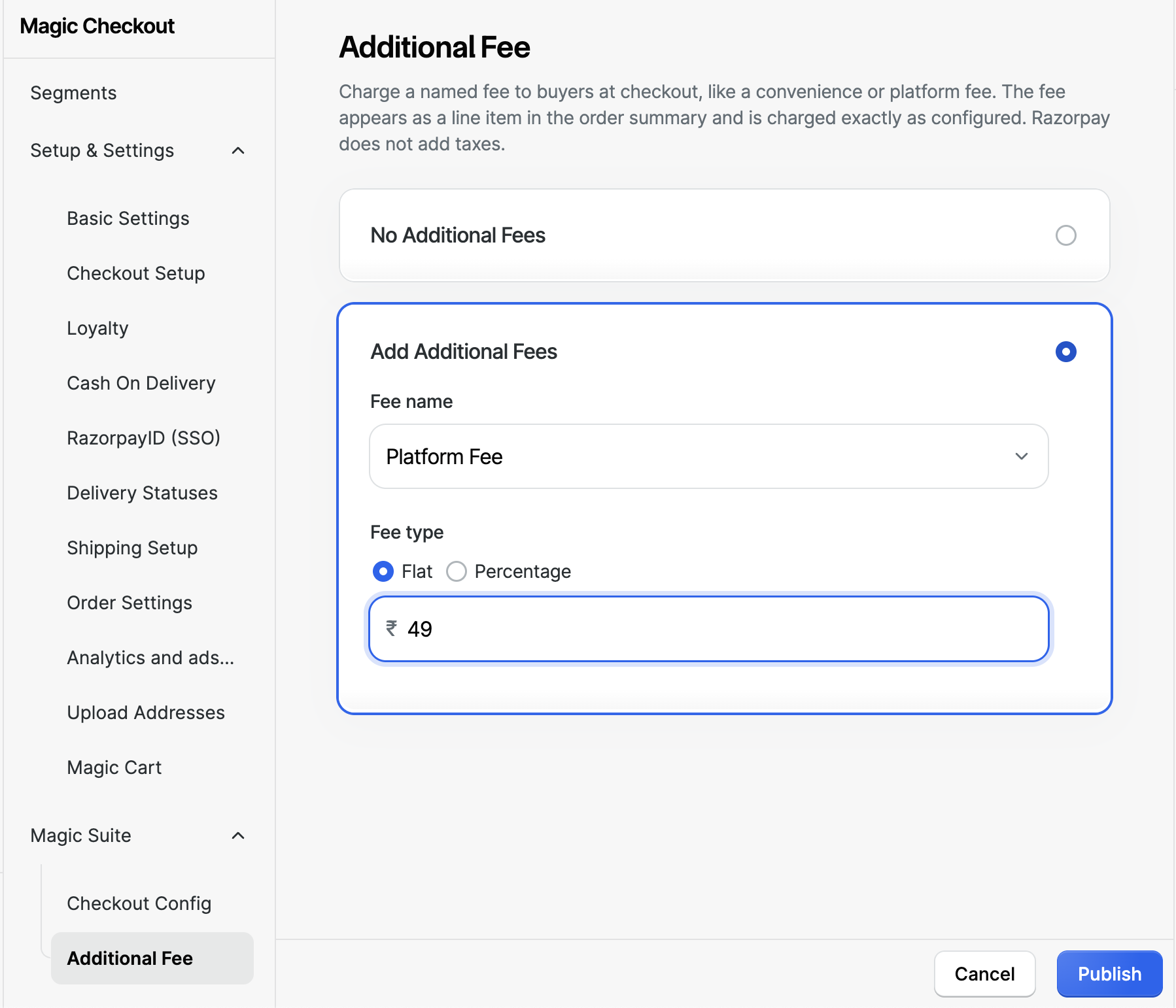 additional fee configuration page on the magic checkout dashboard