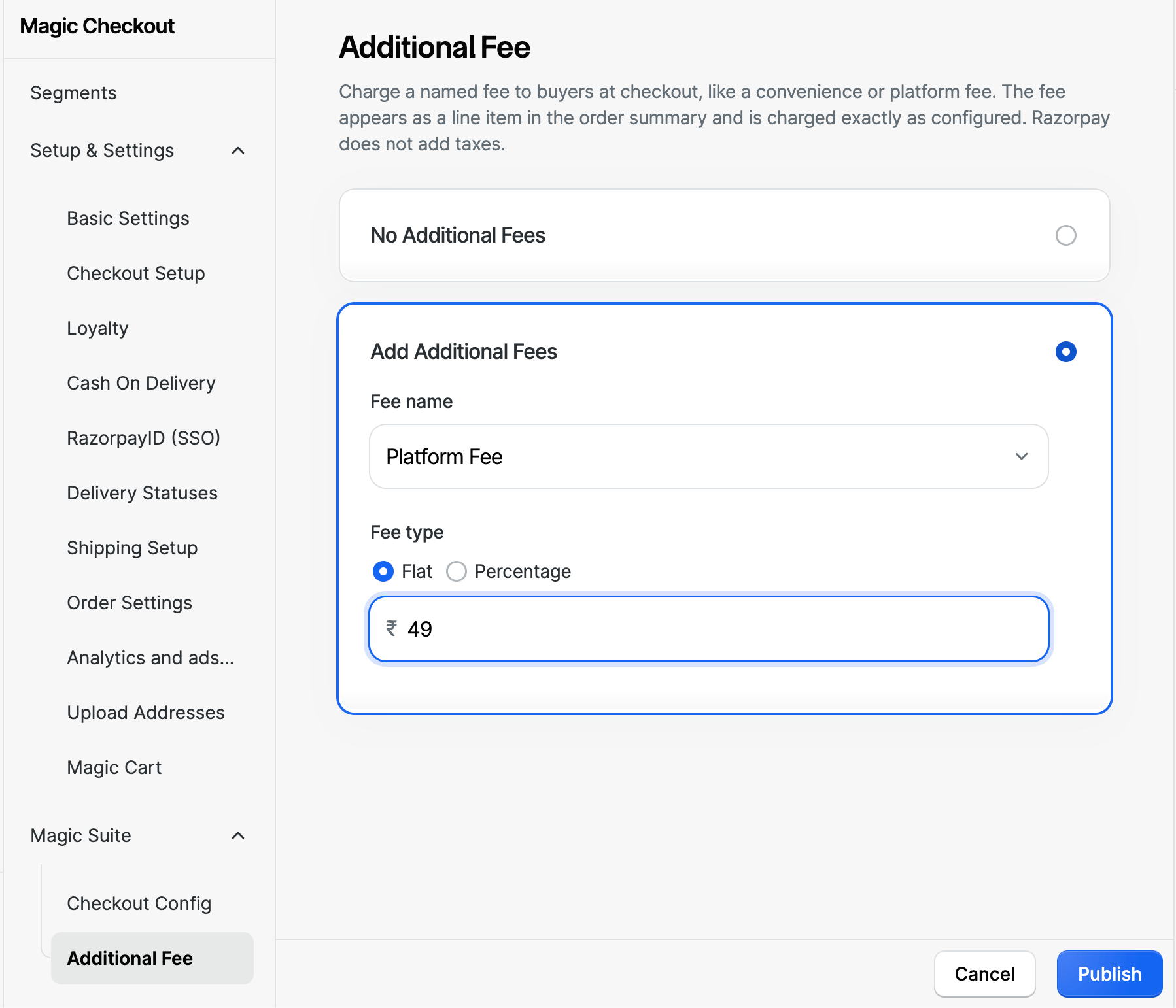 additional fee configuration page on the magic checkout dashboard