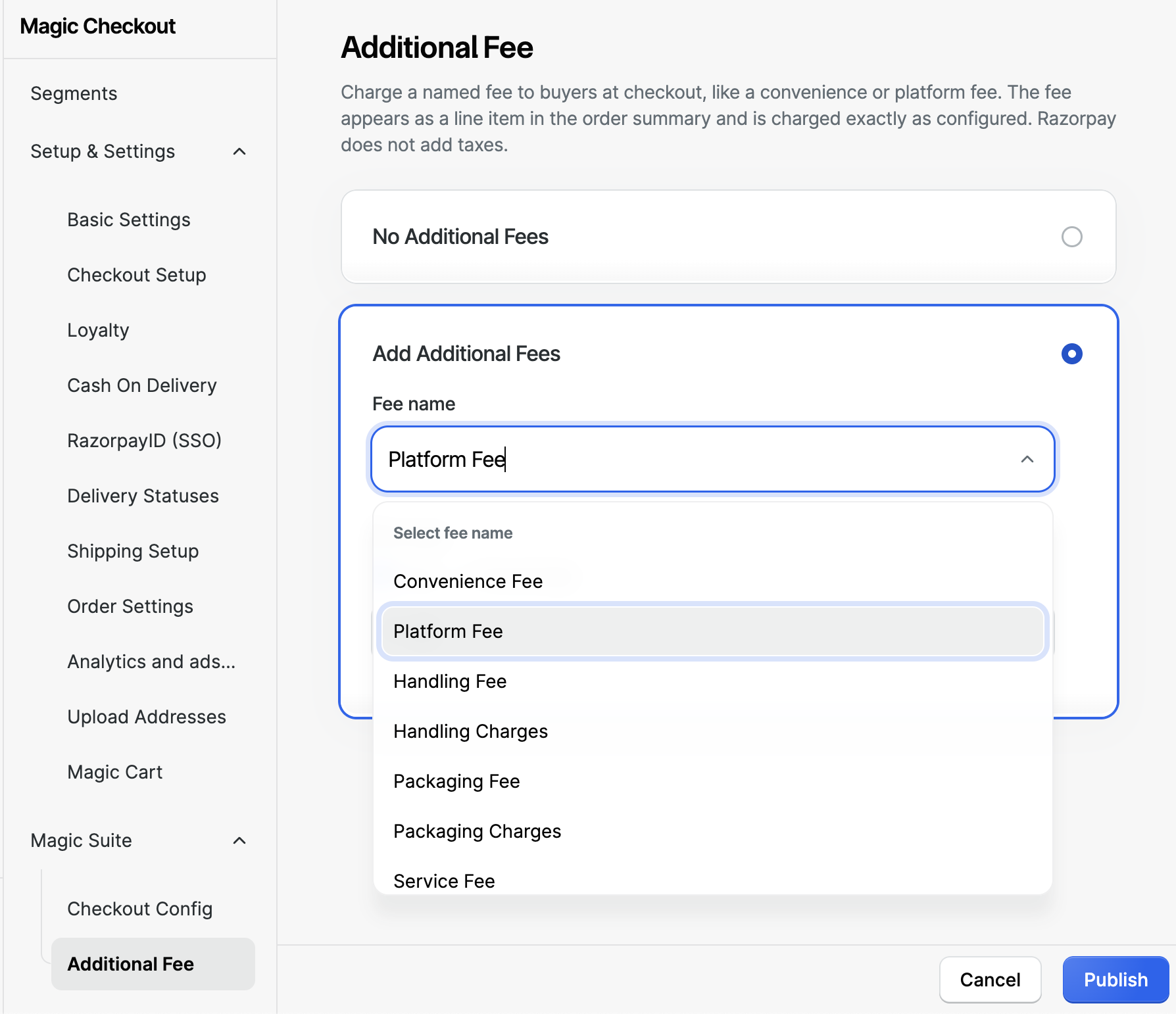 fee name drop-down list with the pre-approved fee labels