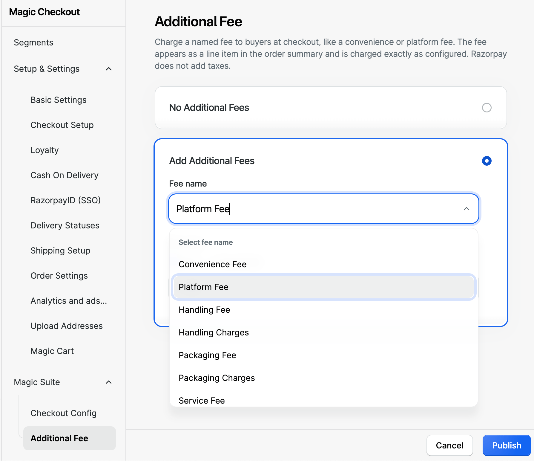 fee name drop-down list with the pre-approved fee labels