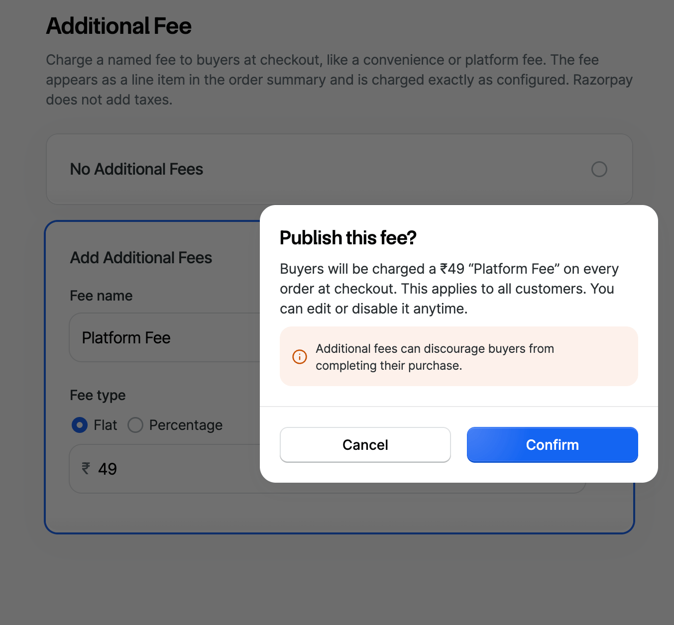 publish this fee confirmation dialog summarising the fee buyers will be charged