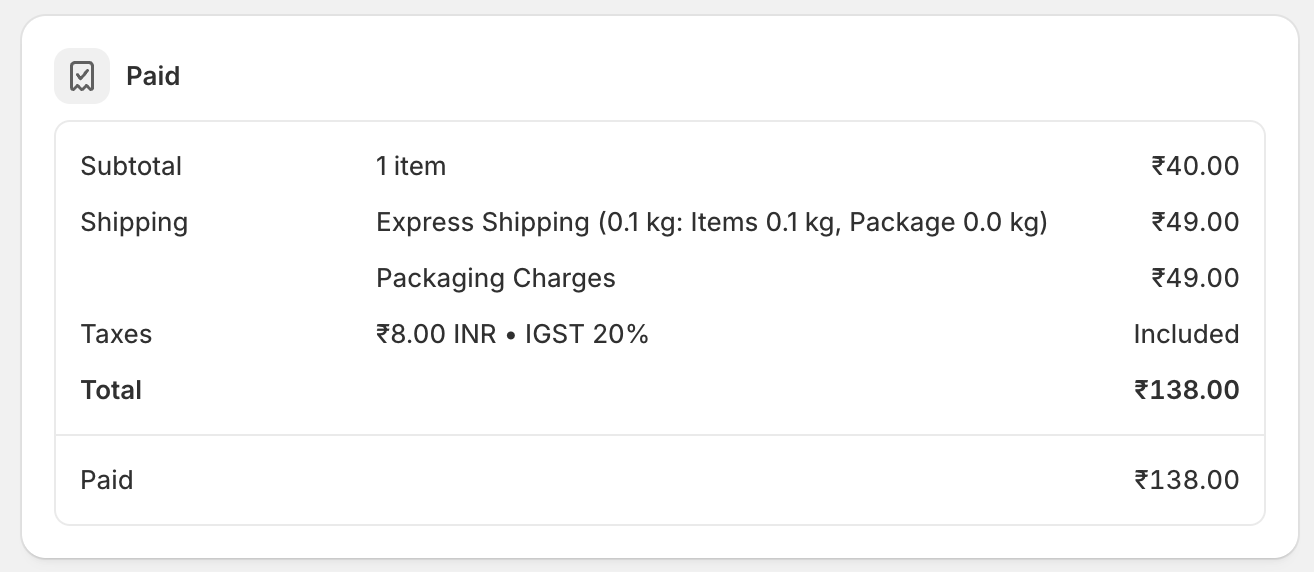 shopify admin order payment breakdown showing the packaging charges fee as a separate shipping row