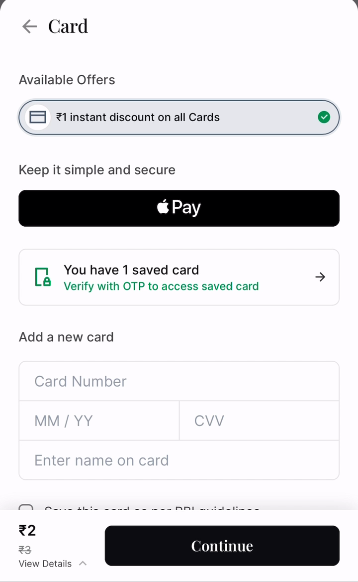 A card offer applied on Checkout with the Apple Pay button