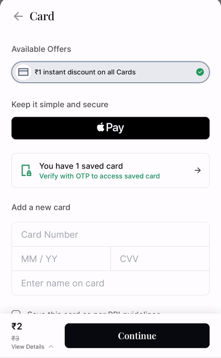 A card offer applied on Checkout with the Apple Pay button