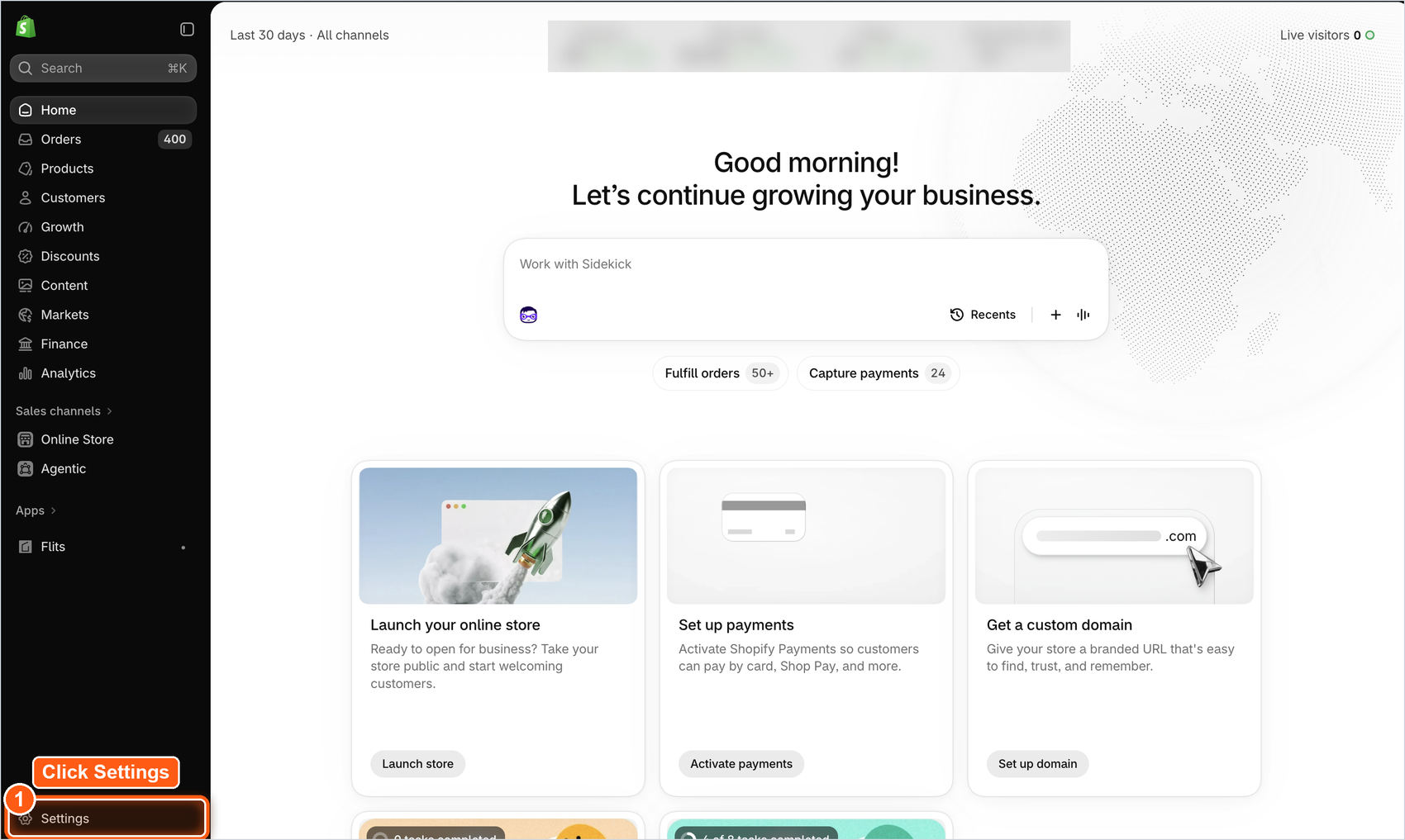 settings option at the bottom-left of the shopify admin