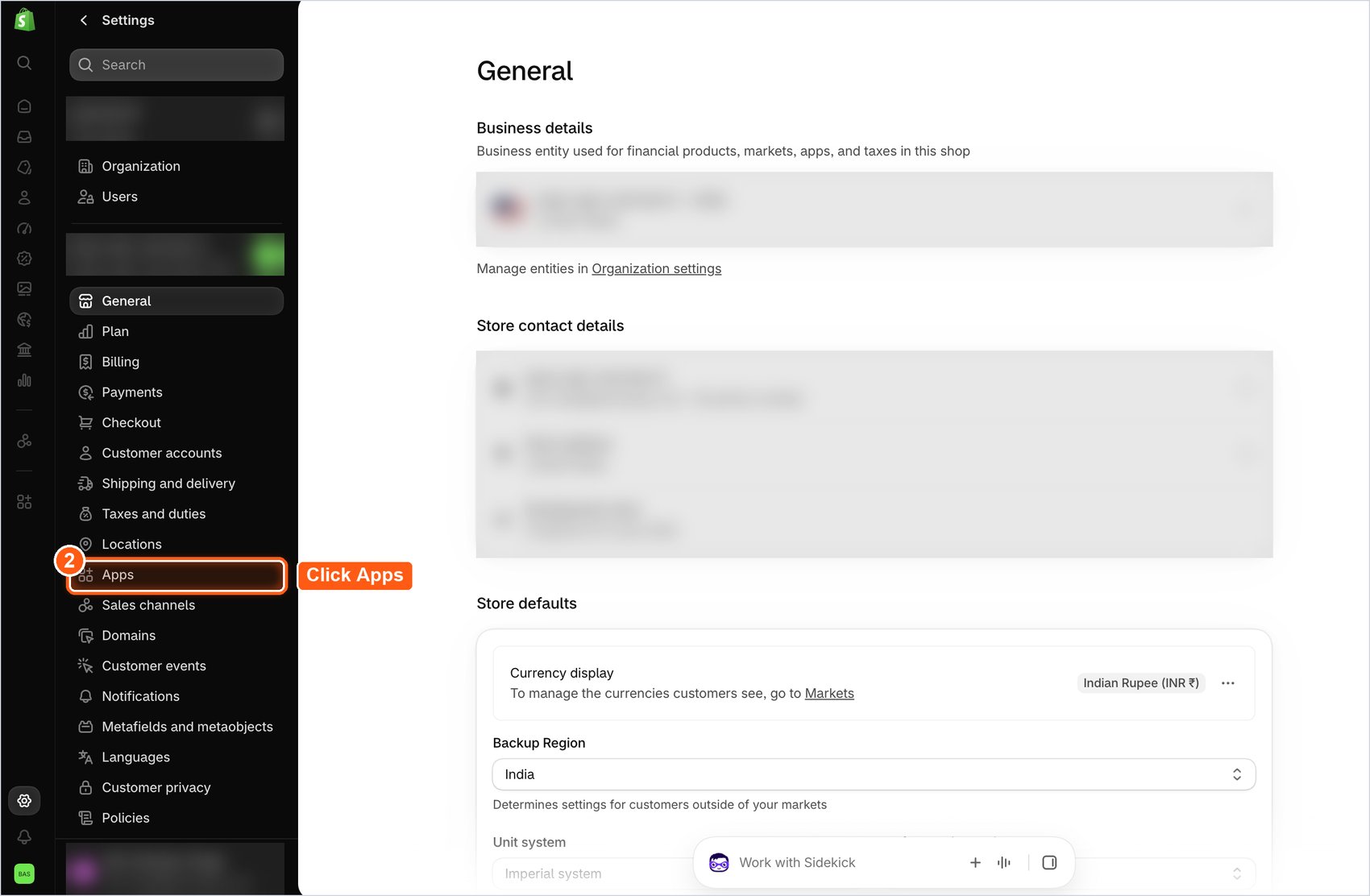 apps option in the shopify settings sidebar