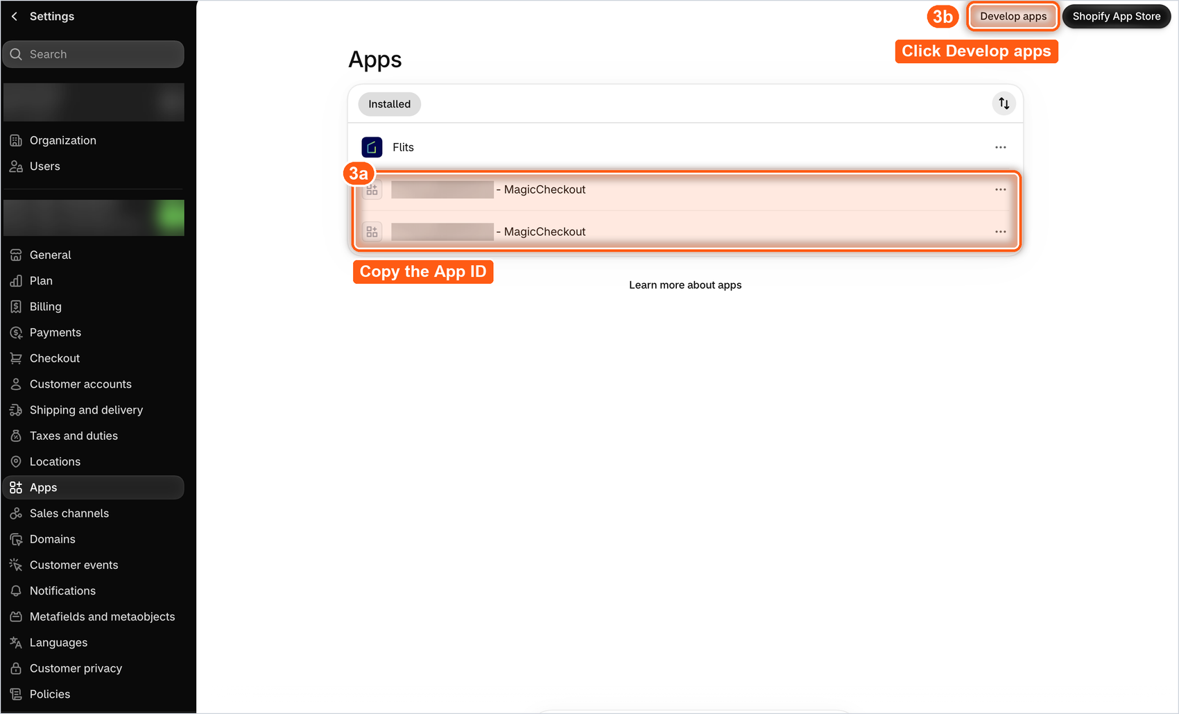magic checkout app listed with its app id and the develop apps button
