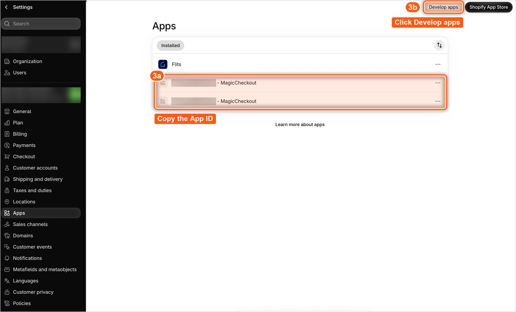 magic checkout app listed with its app id and the develop apps button