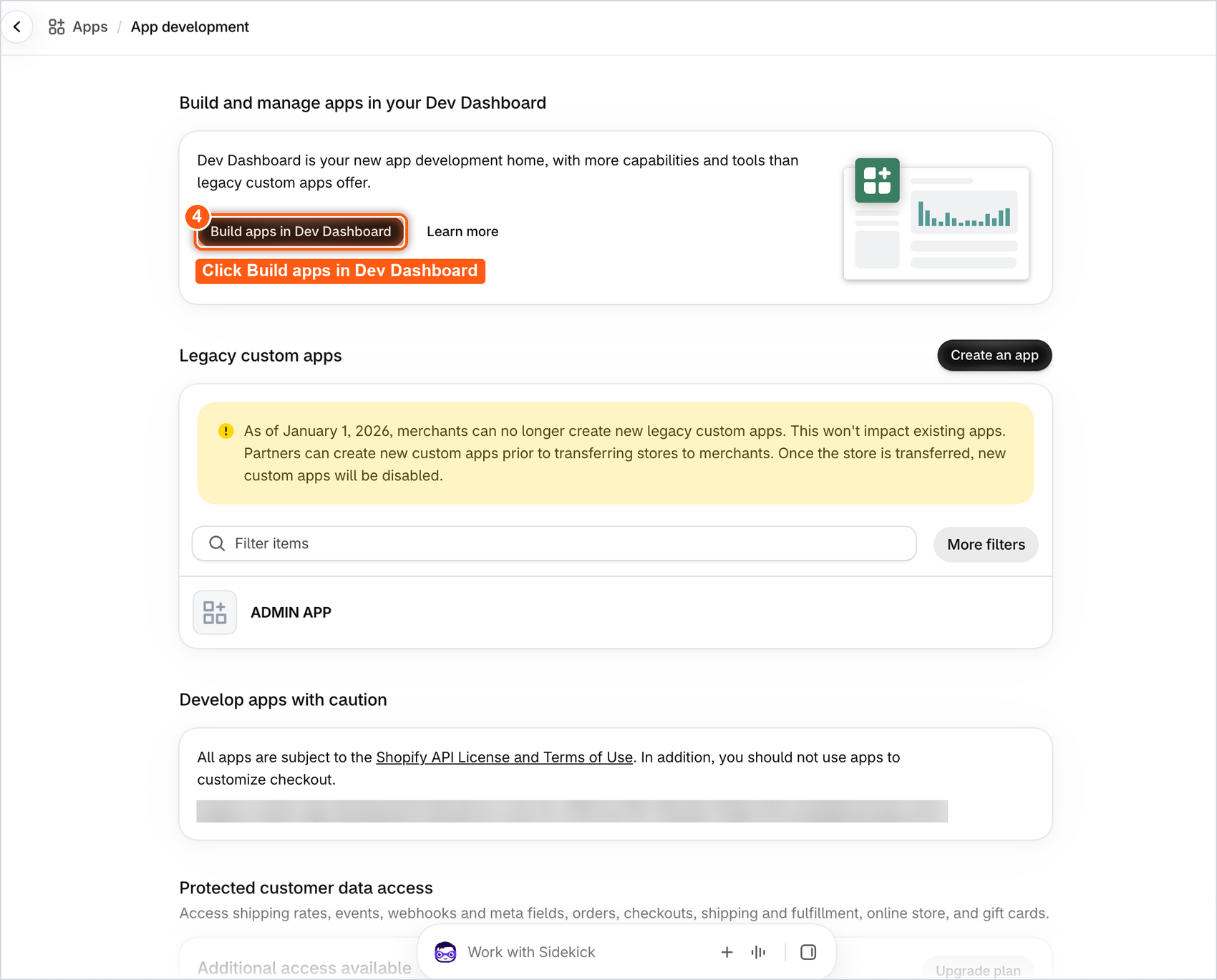 build apps in dev dashboard button on the app development page