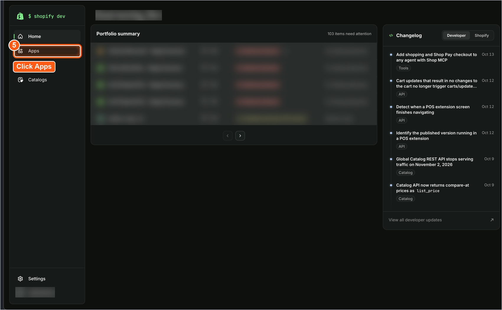 apps option in the shopify dev dashboard sidebar