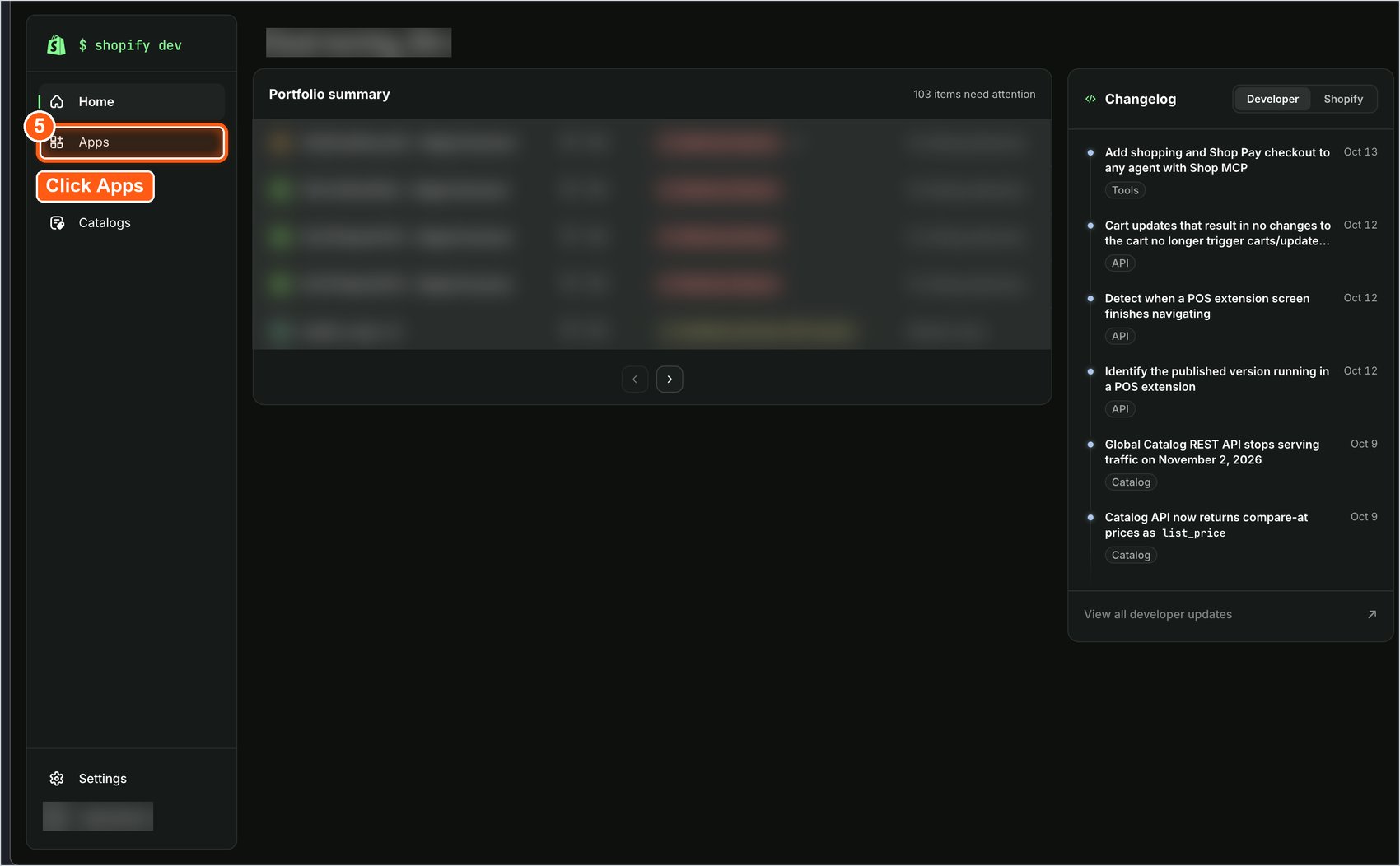 apps option in the shopify dev dashboard sidebar