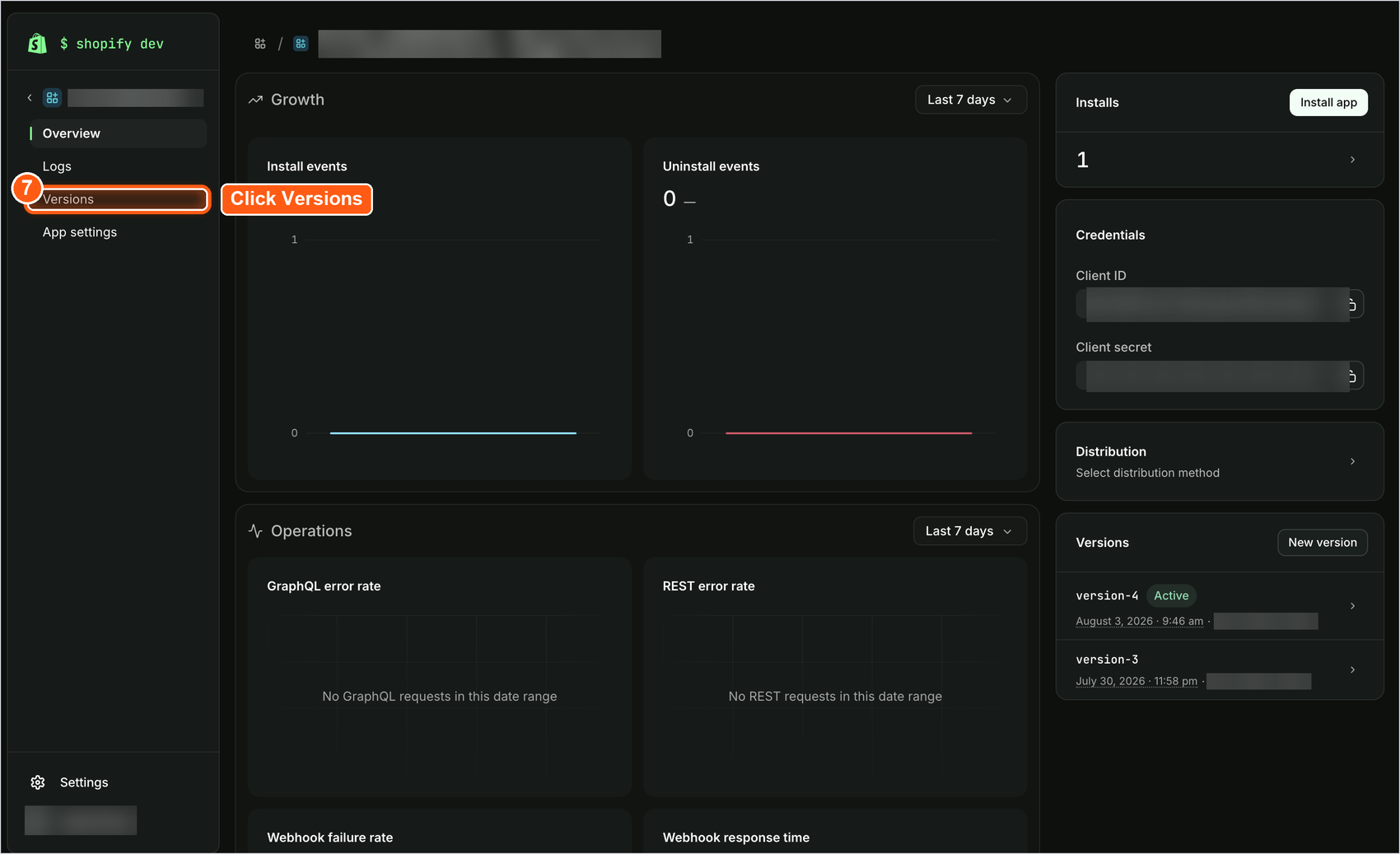 versions option in the app sidebar on the dev dashboard