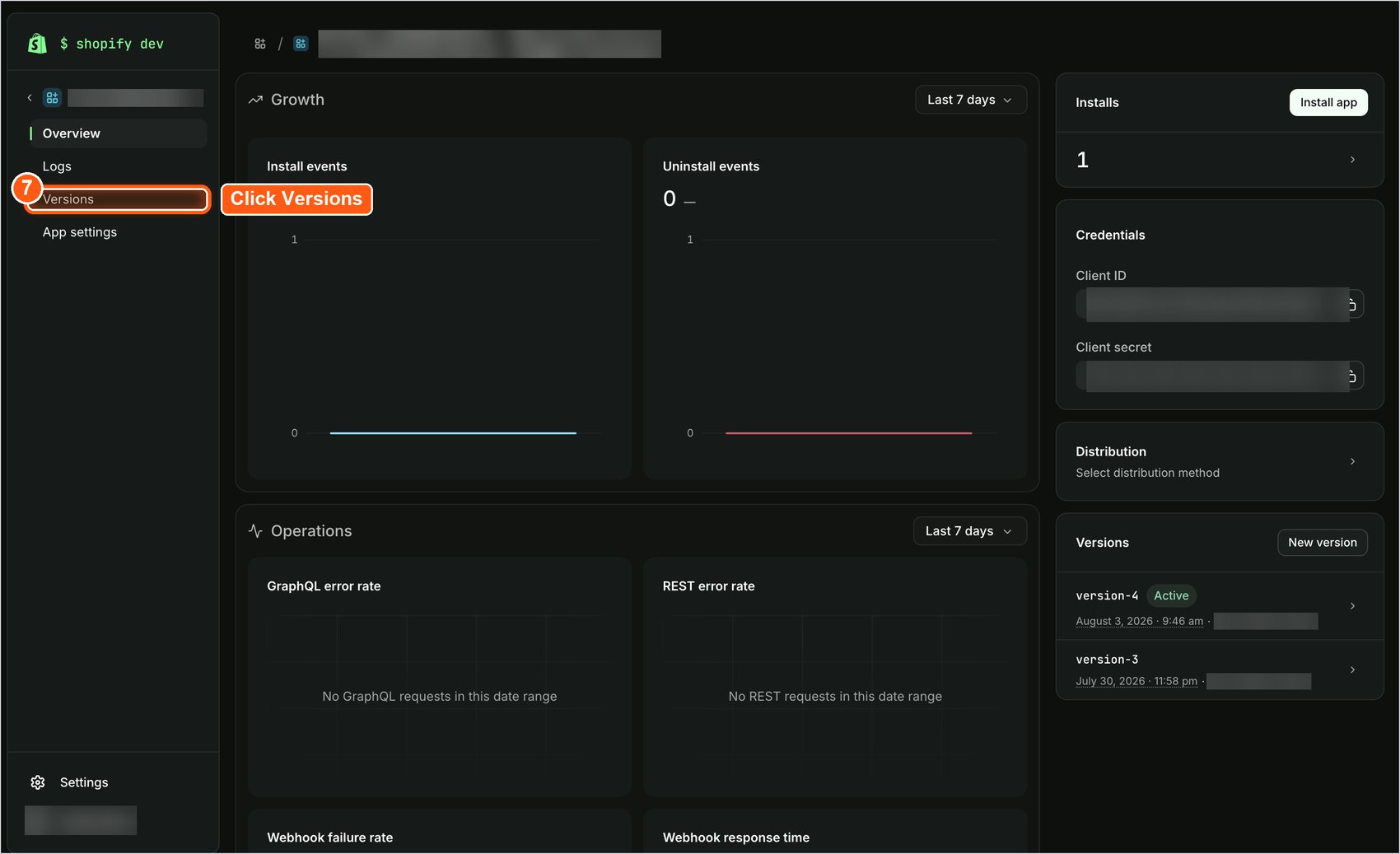 versions option in the app sidebar on the dev dashboard
