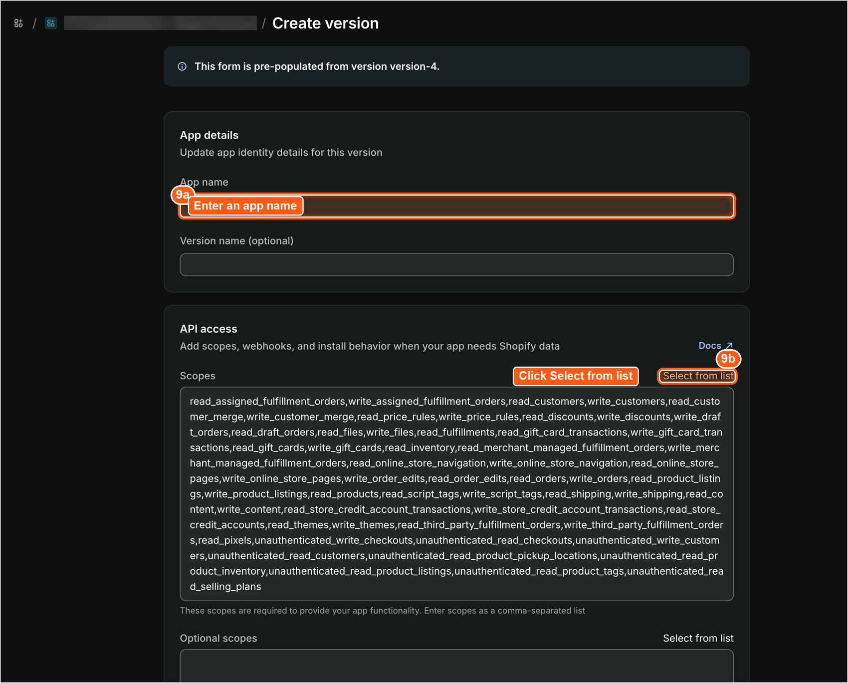 app name field and select from list option for scopes on the create version page