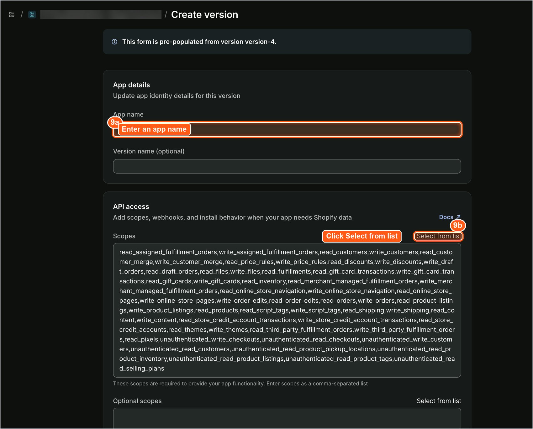 app name field and select from list option for scopes on the create version page