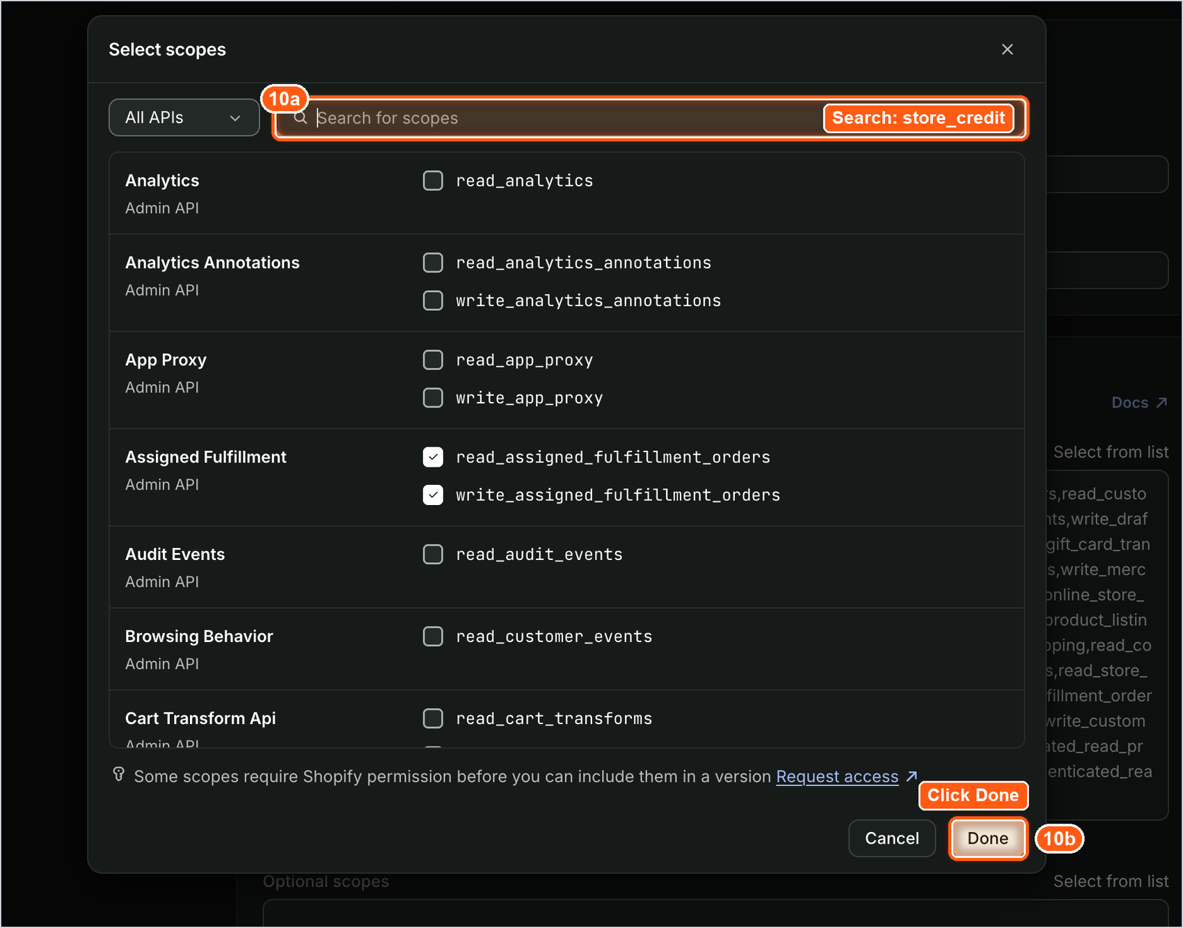 select scopes window with the search box and done button