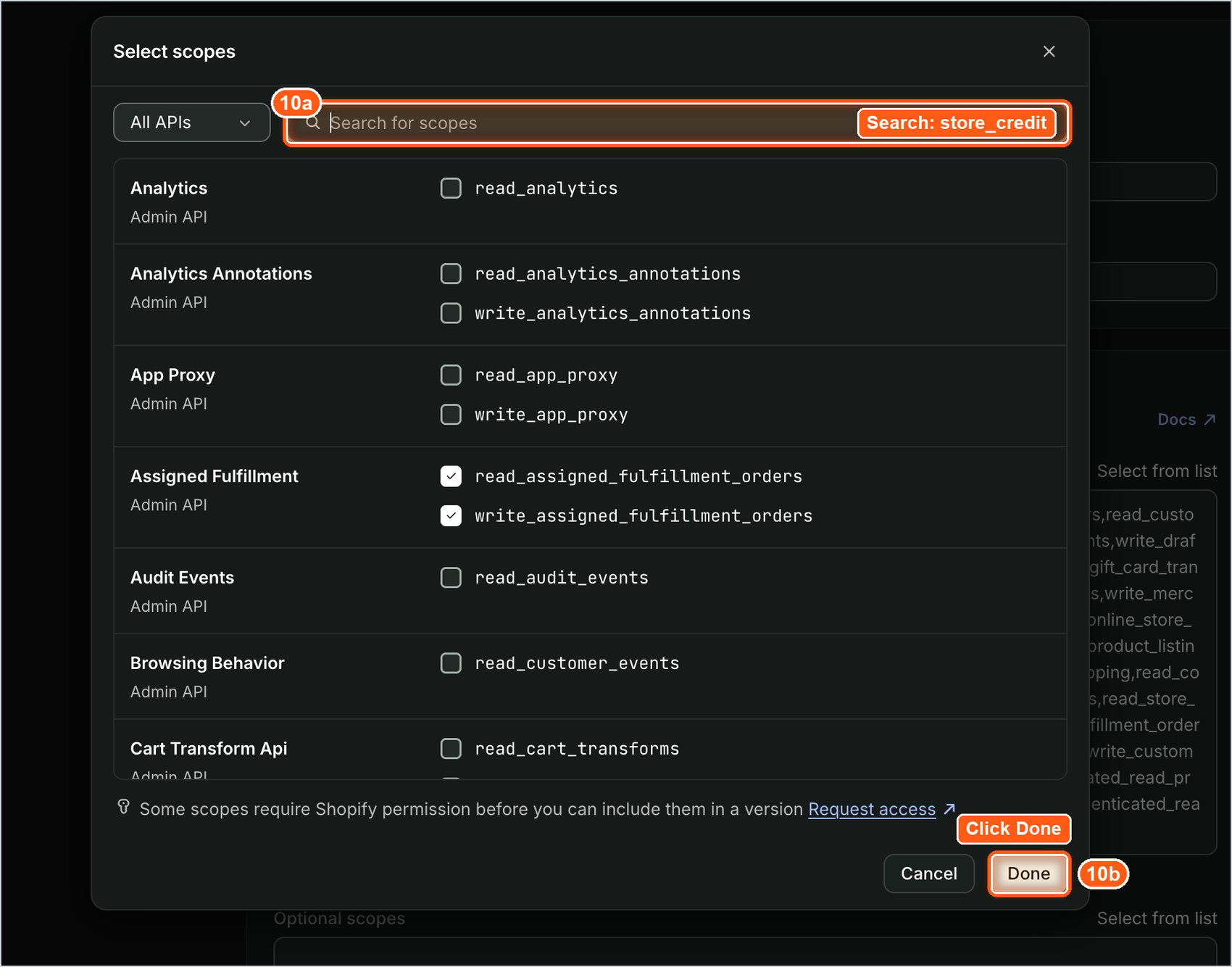 select scopes window with the search box and done button