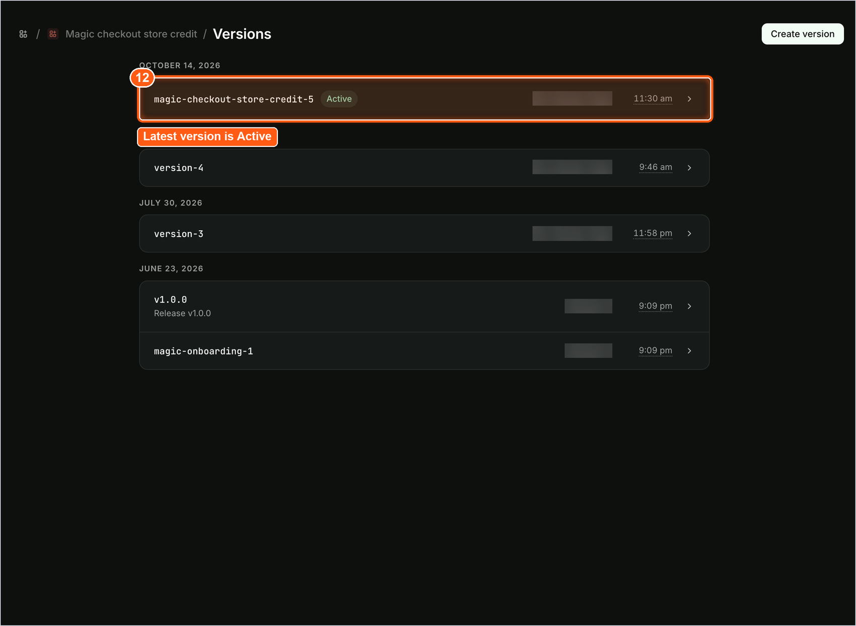 new version listed at the top of the versions page with the active label