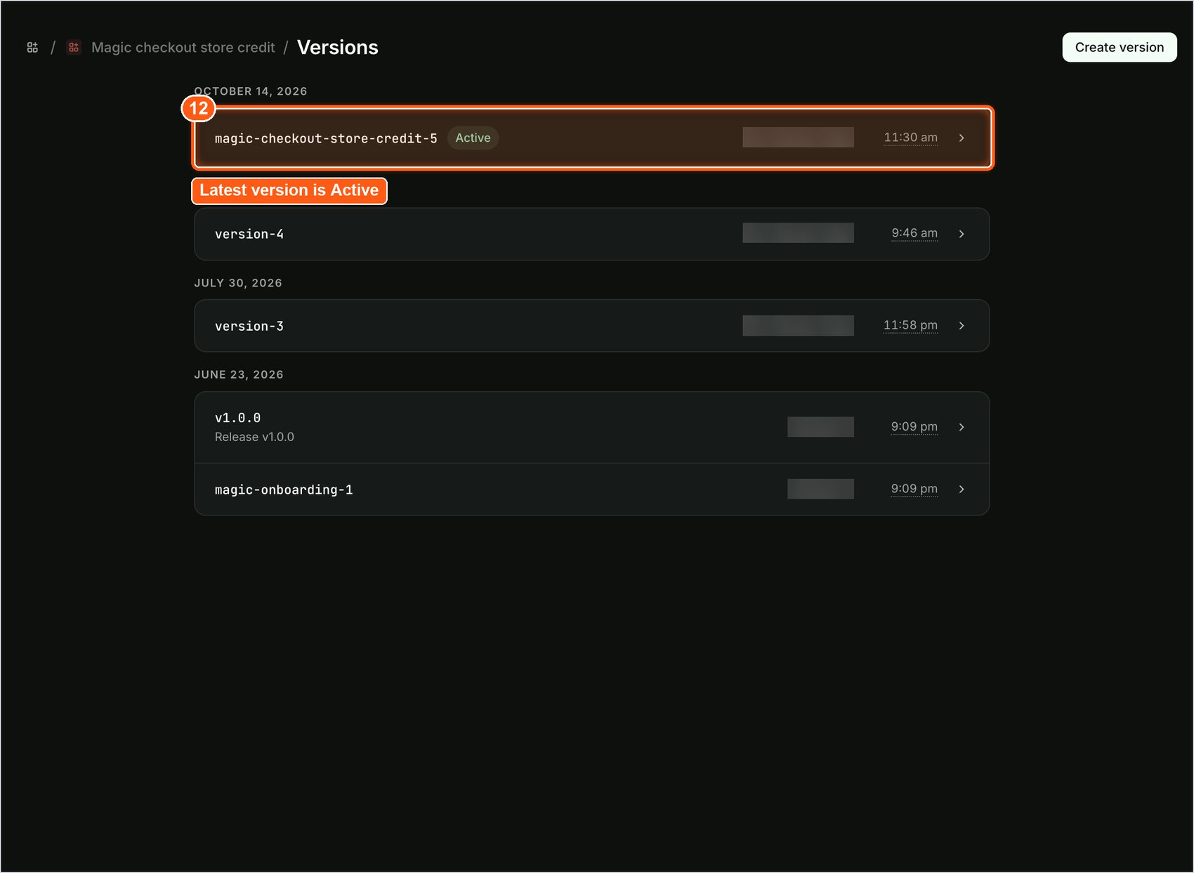 new version listed at the top of the versions page with the active label
