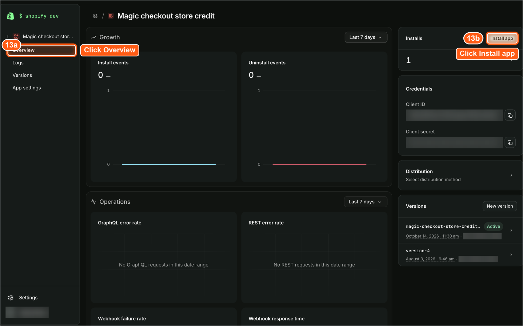overview option and install app button on the dev dashboard