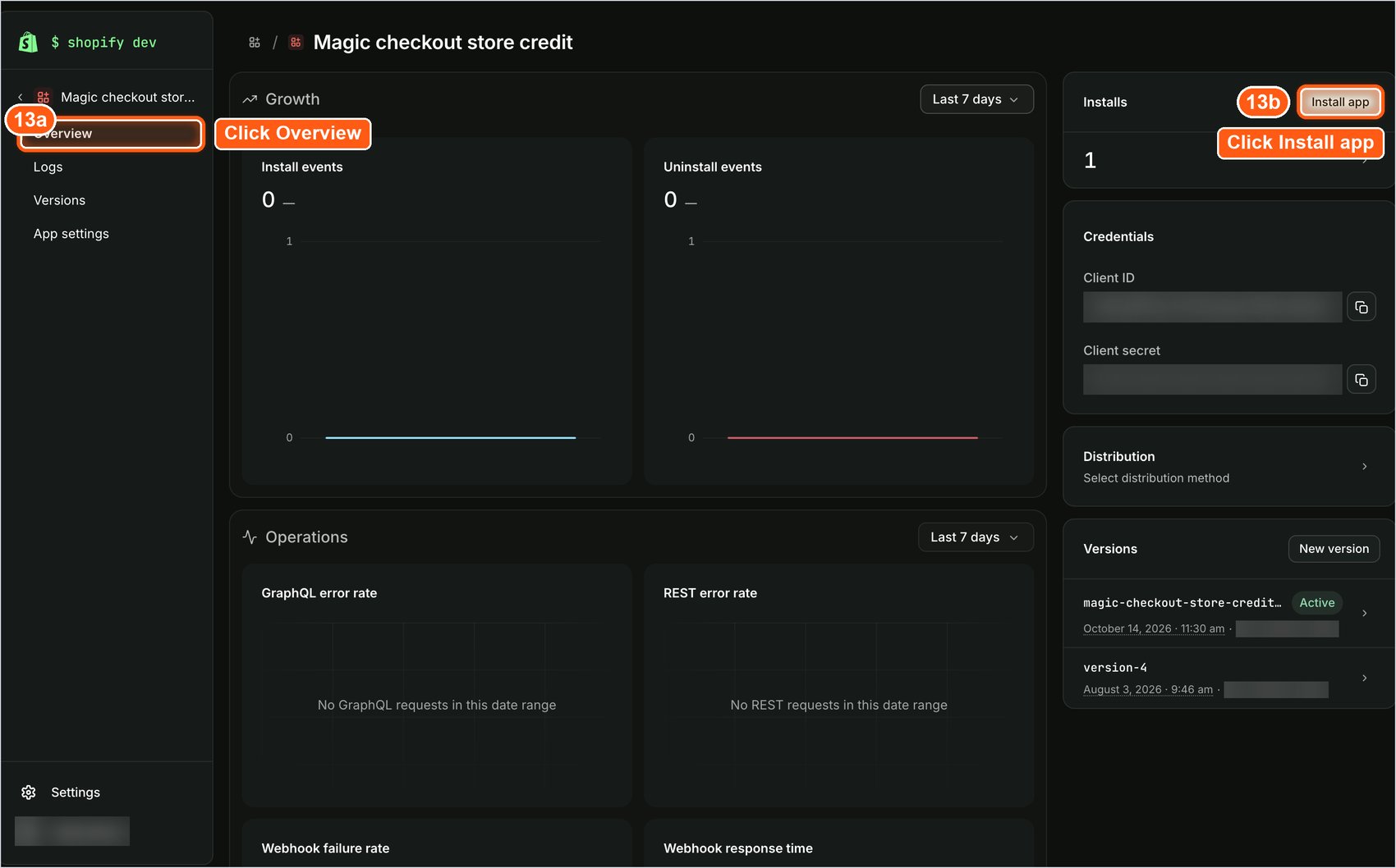 overview option and install app button on the dev dashboard