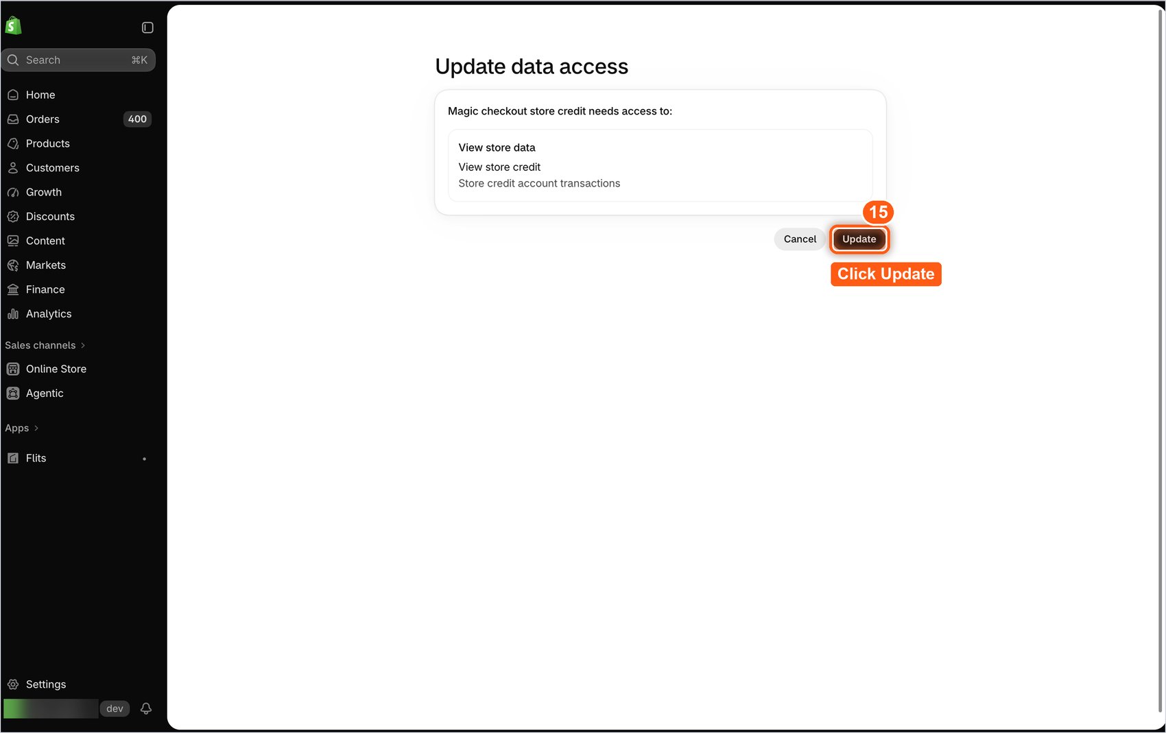 update data access page listing the store credit permissions