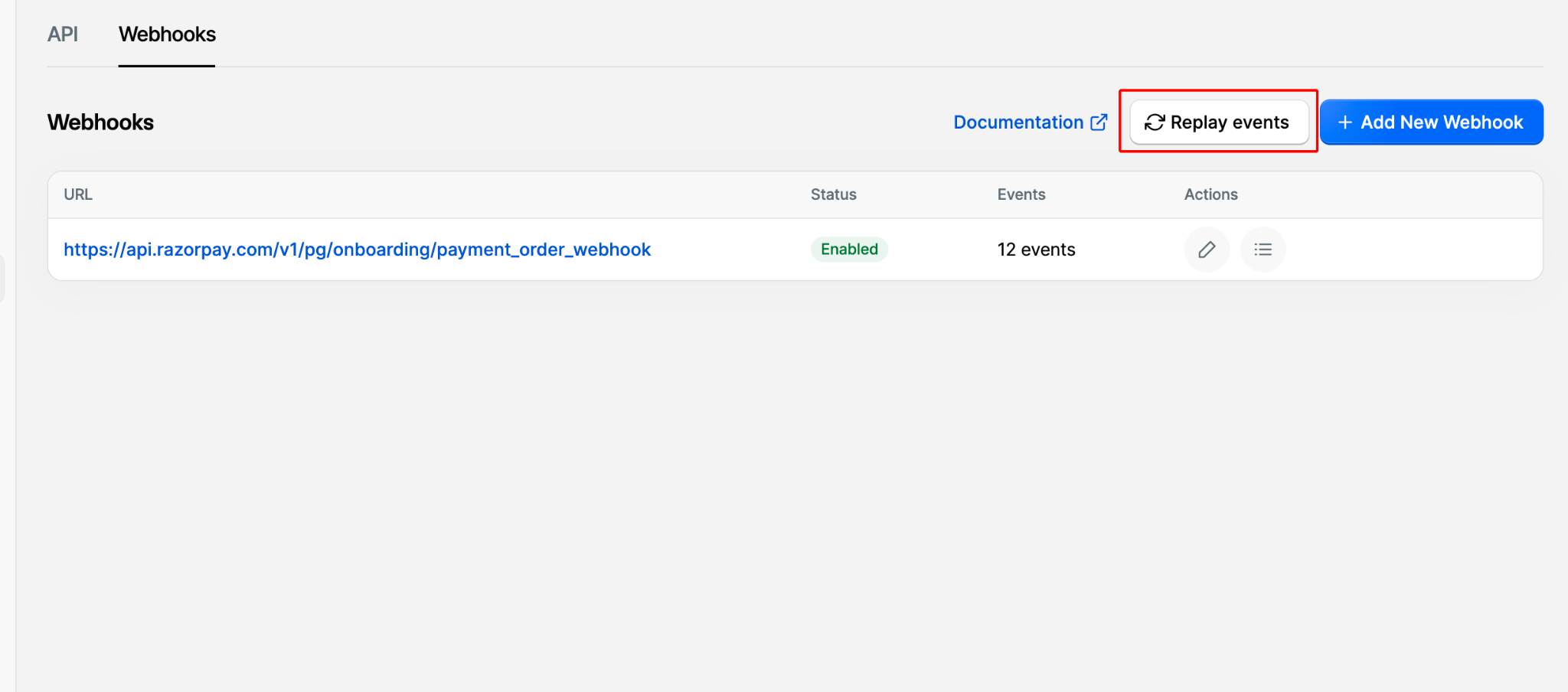 Replay events button on the Webhooks page of the Razorpay Dashboard