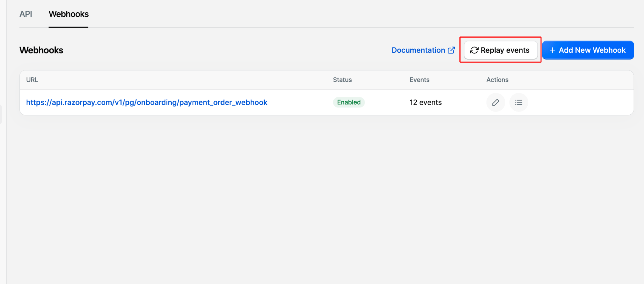 Replay events button on the Webhooks page of the Razorpay Dashboard