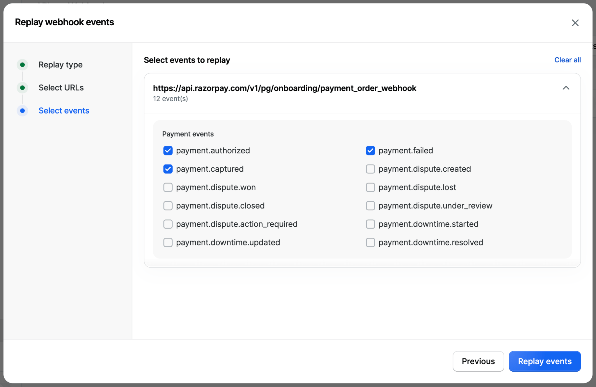 Select events step with a subset of payment events selected