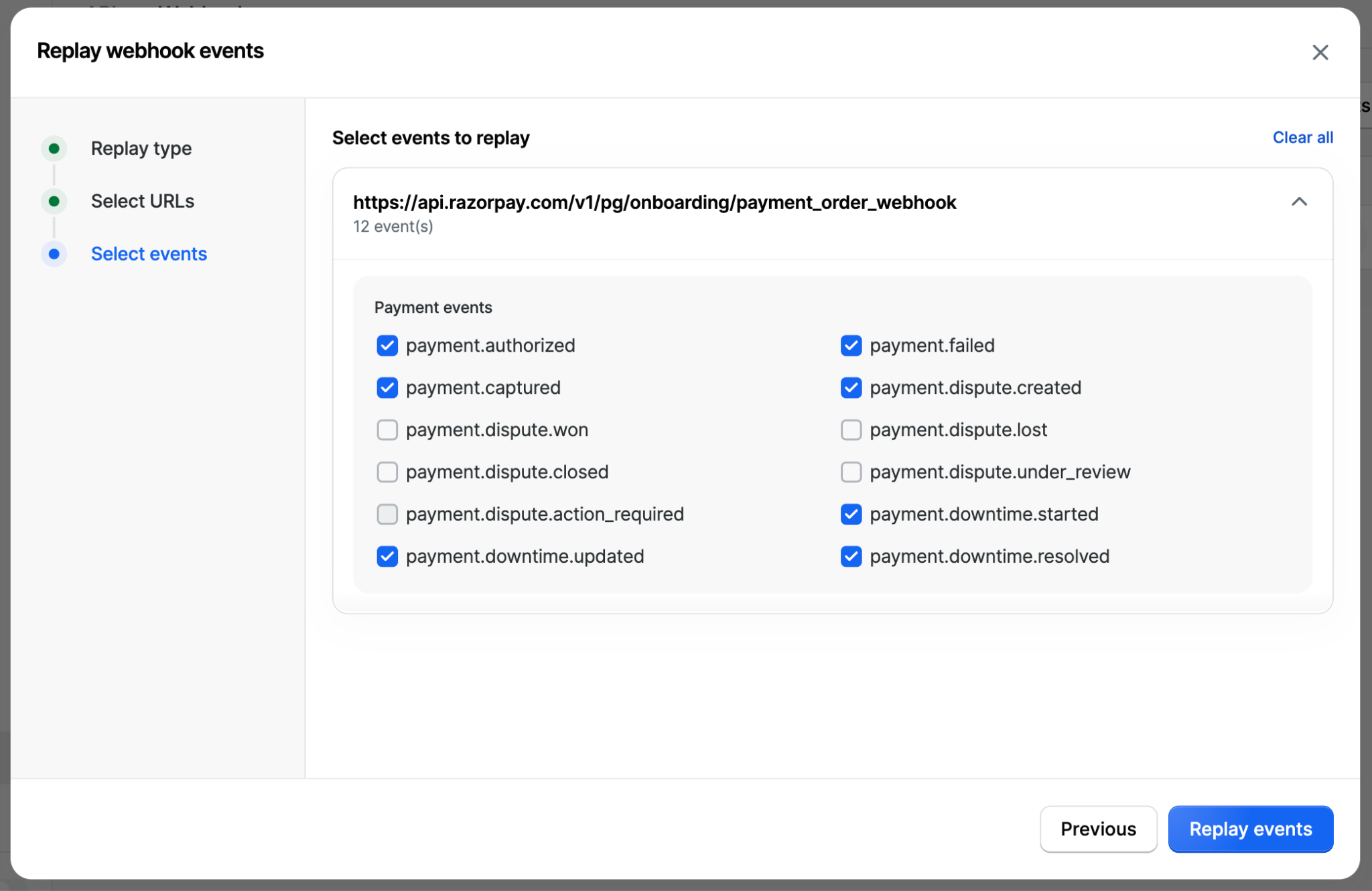 Select events step with the configured webhook events listed