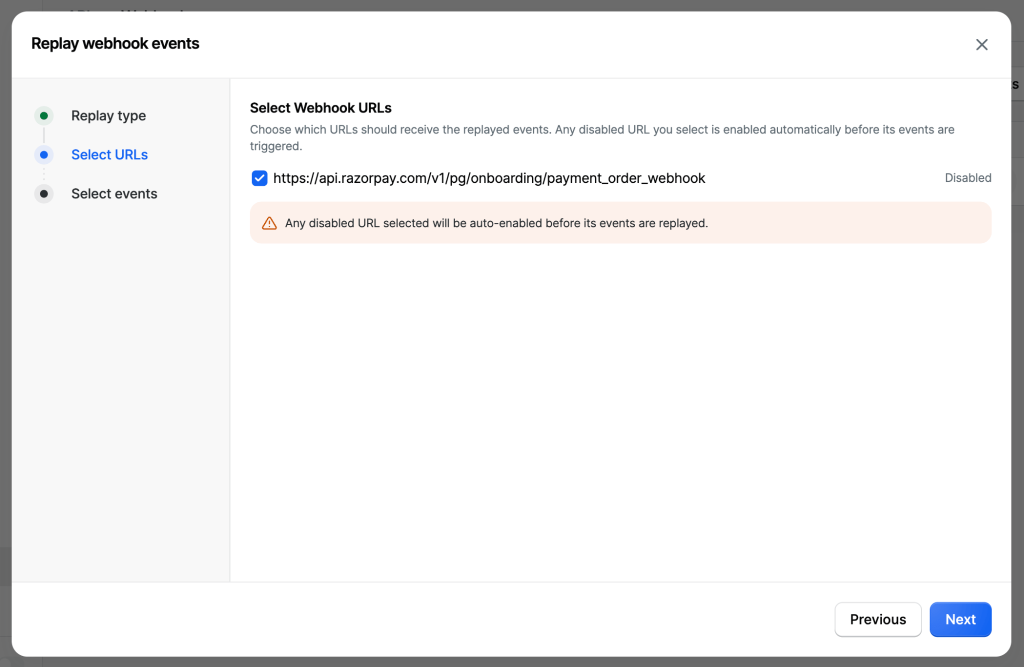Select URLs step listing the configured webhook URLs