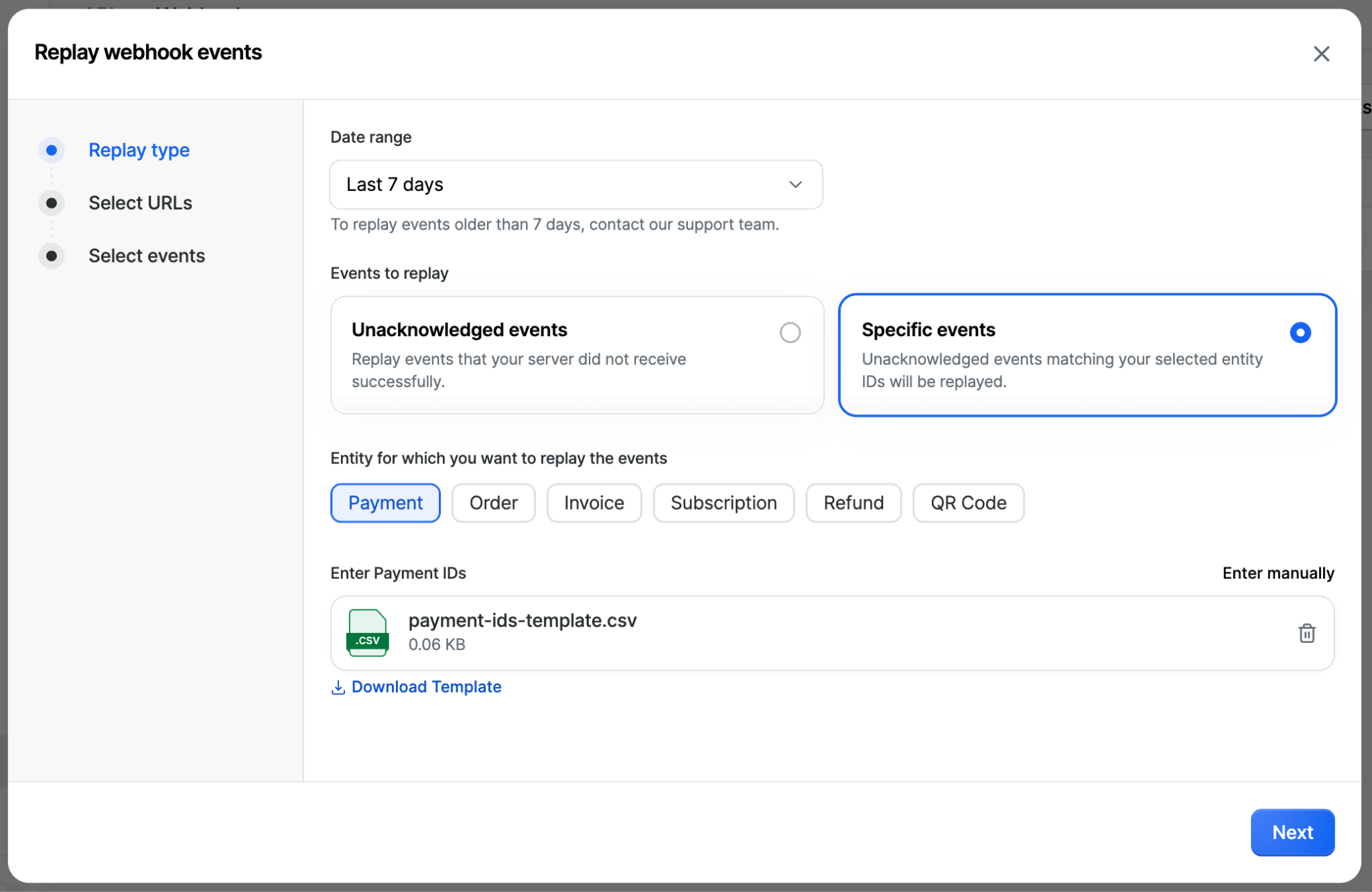 Replay type step with Specific events selected and a CSV of payment IDs uploaded