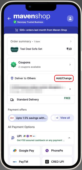 Magic Checkout order summary with the Add/Change link next to the delivery address highlighted