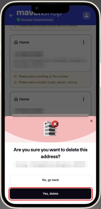Confirmation prompt asking if you want to delete this address, with the Yes, delete button highlighted