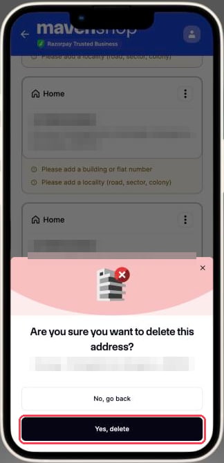 Confirmation prompt asking if you want to delete this address, with the Yes, delete button highlighted