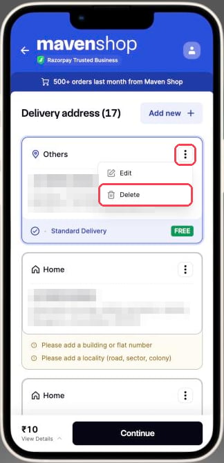 Saved delivery addresses list with the three-dot menu open and the Delete option highlighted