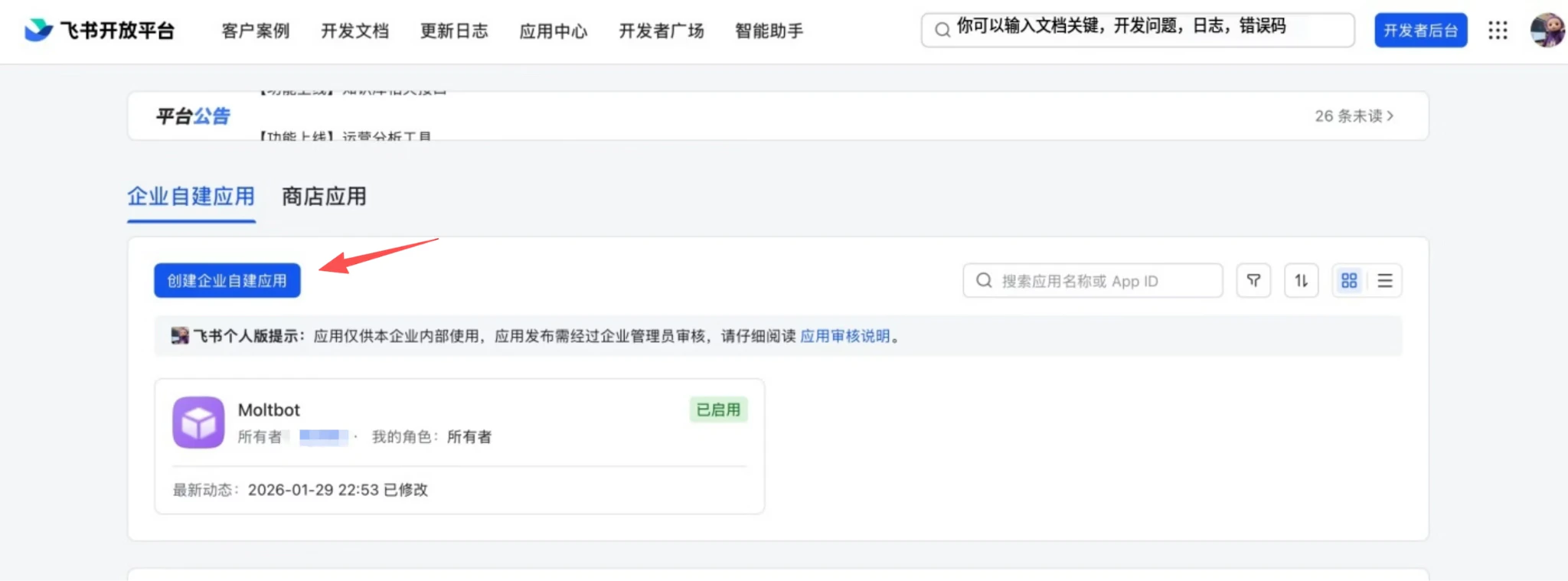 Feishu create app page