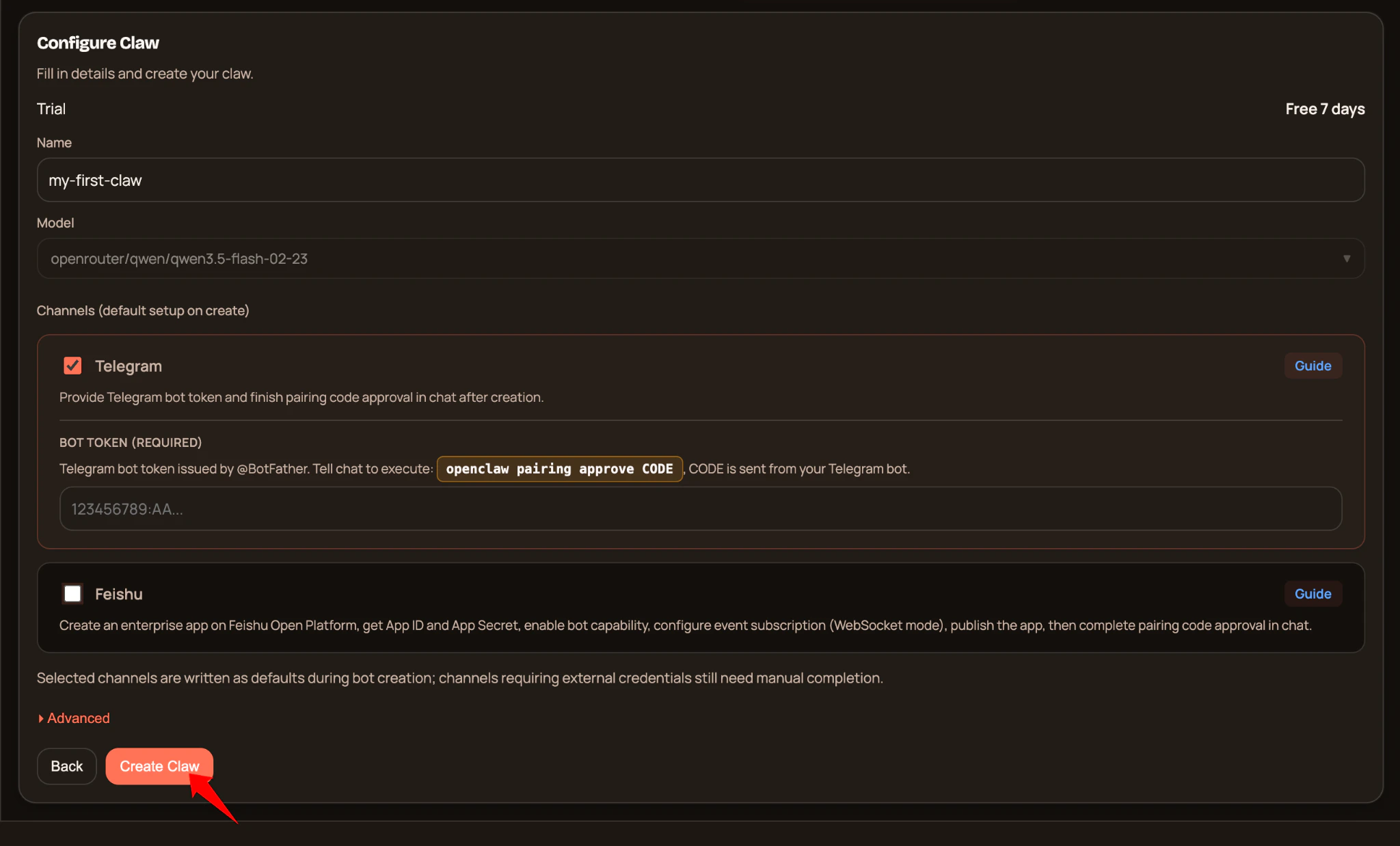 Configure Claw form